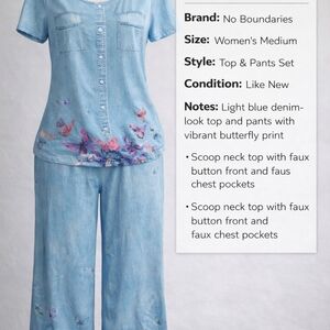 No Boundaries Light Blue Denim-Look Butterfly Top & Wide-Leg Pants Set